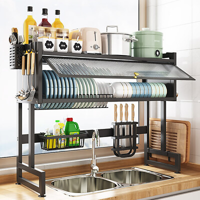 #ad Over The Sink Dish Drying Rack 3 Tier Large Dish Rack Metal for Kitchen with Lid $75.89