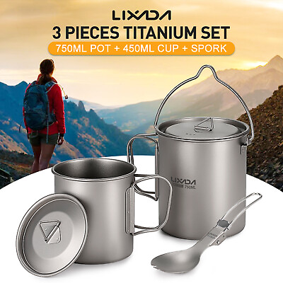 #ad Lixada 3 Pieces Titanium Set 750ml Pot 450ml Water Cup Mug Folding Spork $45.28