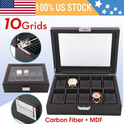 #ad 10Grids Carbon Fiber Watch Box Storage Case Jewelry Display Organizer Collection $29.99