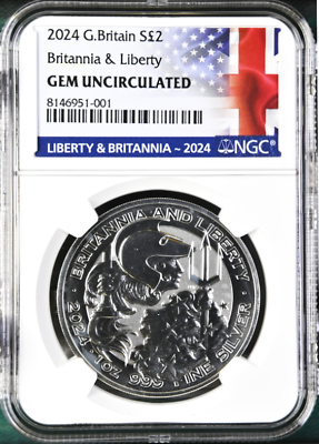 #ad 2024 uk 2 lb liberty and britannia 1 oz silver coin ngc GEM uncirculated $44.95