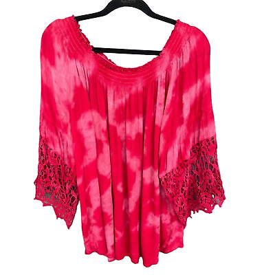 #ad Studio West Apparel Blouse Womens Plus Size 2X Red Tie Dye Boho Crochet Rayon $24.00