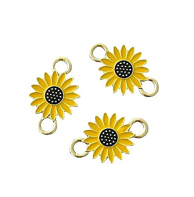 #ad 10 pcs Yellow Black 22x14mm Sunflower Bead 2 Loop Gold Charms Links Connectors $11.69