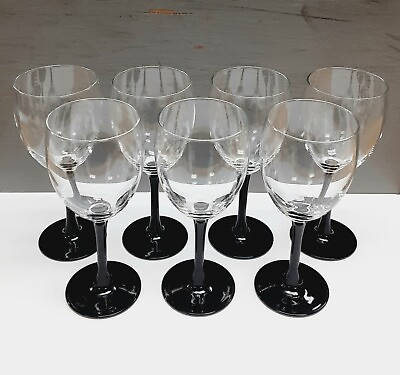 #ad Luminarc Cristal D’arques Domino Black Stem Wine Glasses France Set of 7 $42.50