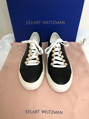 #ad $350 Stuart Weitzman Black Leather Pearl Embellishment Sneakers Size 5.5B $145.00