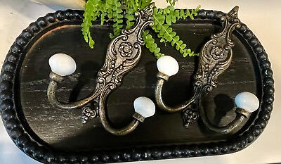 #ad 2 Vintage Old STYLE Brass Wall Mount Double Hooks w white Porcelain Balls Ends $23.90