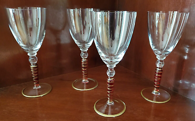 CRYSTAL WINE GLASSES WITH RED STEM AND HAND PAINTED GOLD ACCENTS SET OF 4 $29.95