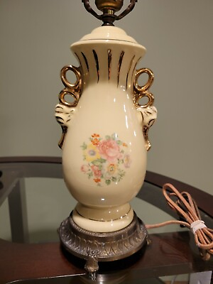#ad Vintage Porcelain Butter Yellow Lamp With Painted Flowers and Gold Trim $112.00