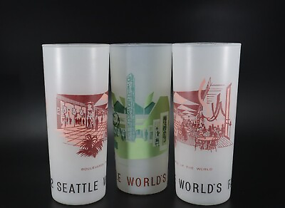 #ad 1962 SEATTLE WORLDS FAIR Set of 3 Frosted Collins Glasses Vintage $28.85
