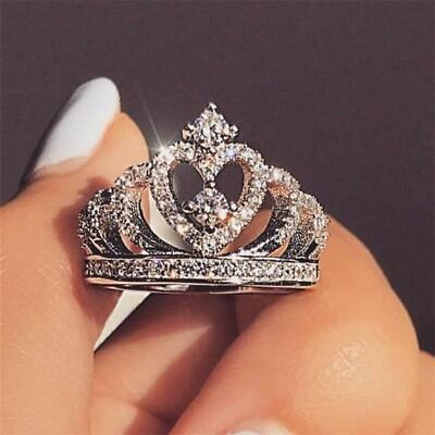 #ad Fashion Woman Queen Crown Jewelry 925 Silver Rings White Sapphire Ring Sz 9.5 6 $14.95