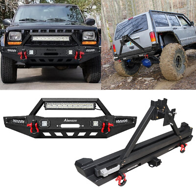 #ad Front Rear Bumper W Winch Plate amp; LED Lights Kit For 1989 2001 Jeep Cherokee XJ $541.49
