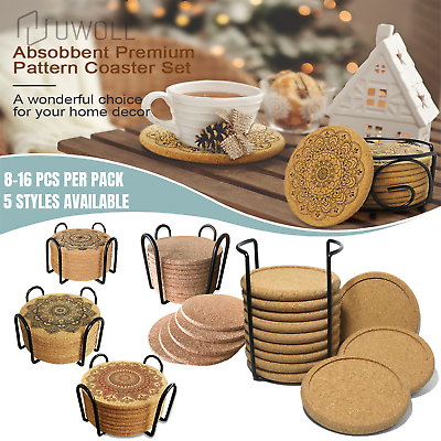 #ad Cork Coasters W Holder Drink Tea Coffee Absorbent Round Cup Pad Mat Table Decor $6.97