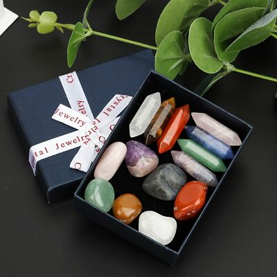 #ad Set of 14 Healing Crystal Natural Gemstone Reiki Chakra Collection Stones w Box $9.65