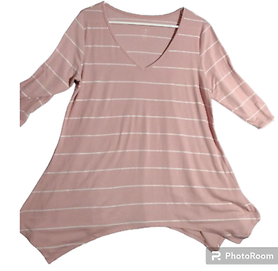 #ad Just be Women#x27;s Plus Pink and White Stripe Casual Flare l Tunic Shirt 1X $10.00
