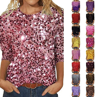 #ad Women#x27;s Sequin Design T Shirt 3 4 Sleeve Crew Neck Casual Blouse Shirt Tops $18.50