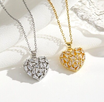 #ad Titanium Silver Gold Love Heart Pave CZ Pendant Chain Necklace $11.99