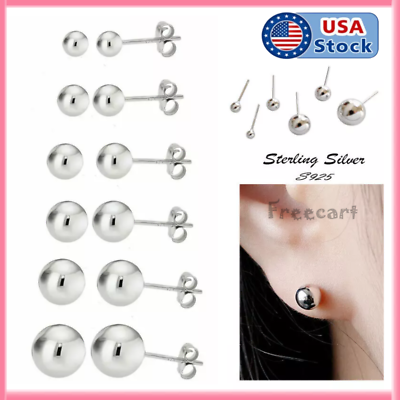 #ad S925 Sterling Silver Round Ball Stud Earrings High Polished Butterfly Post Backs $5.66