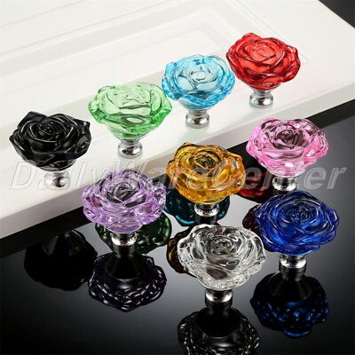 #ad 50MM Exquisite Rose Crystal Glass Door Knob Kitchen Drawer Cabinet Handle Pull $7.19