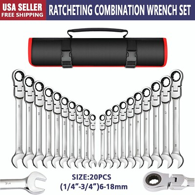 #ad 20 Piece SAE and Metric Ratcheting Combination Wrench Set Flex HeadFixed Head $55.91