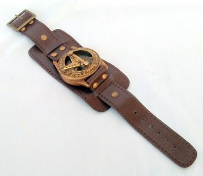 #ad Sundial Wrist Watch Brass Compass amp; Leather Straps Nautical Steampunk Handmade $16.19
