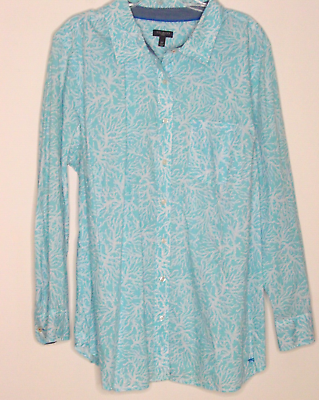#ad Talbots 2X roll tab sleeves button up blouse blue w white coral design Beach $22.99
