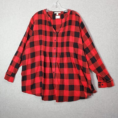 #ad Woman Within Women Top 2x Red Buffalo Plaid Blouse Long Sleeve V Neck $19.89