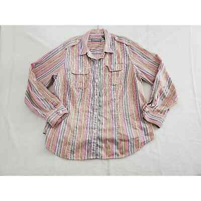 #ad Liz Claiborne Womens Button Up Shirt 1X Multicolor Striped Roll Tab Sleeve $9.99
