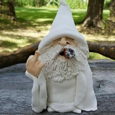 Smoking White Wizard Gnome Middle Finger Garden Yard Lawn Ornament Statue Decor $9.25