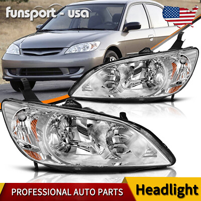 #ad #ad Chrome Headlights Amber Corner Lamps Pair Fits For 2004 2005 Honda Civic 2 4 Dr $73.90