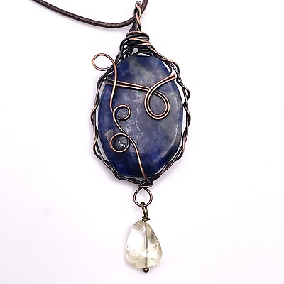 #ad Copper Wire Wrapped Blue Sodalite Yellow Citrine Drop Stone Pendant￼ Necklace $19.99