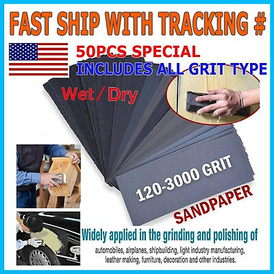 #ad 50 Pcs Sandpaper Sand Paper Sanding Sheets Assorted Auto Wet Dry Wood Car Metal $5.95