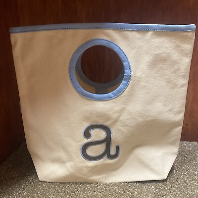 #ad NEW Canvas Tote Bag Initialized “A” Medium Cream Keyhole Tote Clutch Blue Trim $14.99