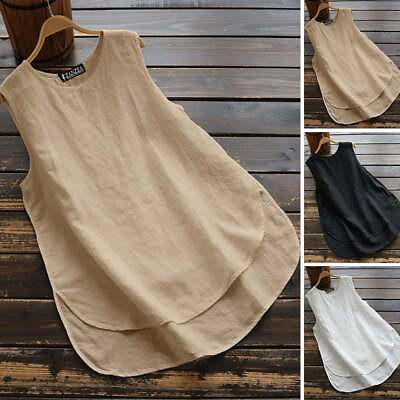 #ad Womens Summer Cotton Linen Solid Camisole Vest Holiday Loose Tank Tees T Shirt $10.84