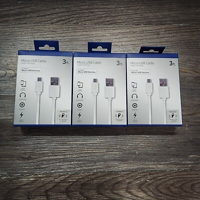 #ad Lot of 3 Newtech Micro White USB Cables 3ft. Tangle Free Design NIB $3.74