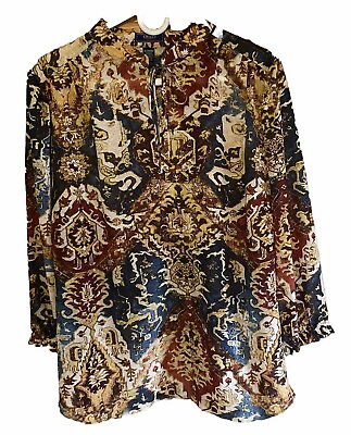 #ad CHAPS DENIM Womens 2X Flowing Light Weight Poly Print Tunic 3 4 Slv Band Collar $19.95