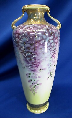 #ad HAND PAINTED NIPPON 14quot;H PURPLE WISTERIA FLOWERS VASE WITH HEAVY EMBOSSED GOLD $269.99