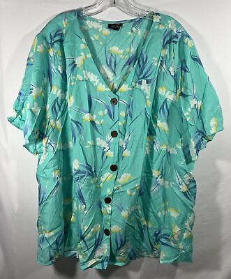 #ad ANA A New Approach Plus Size 4X Bright Teal Floral SS Button Up Blouse Top GUC $11.64