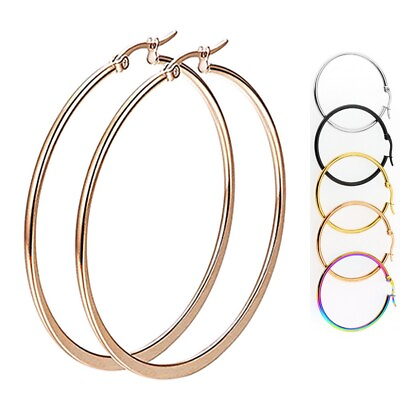 #ad Gold Rose Gold Black Silver Stainless Steel Simple Round Hoop Earrings 10mm 70mm $4.95