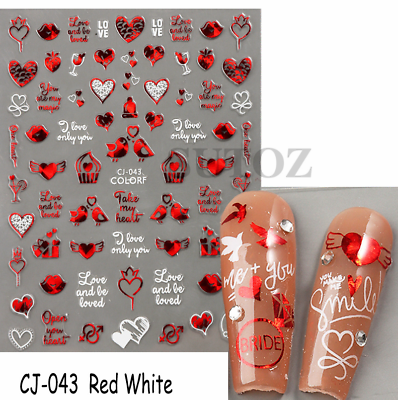 3D Nail Art Stickers Red White Mr amp; Mrs Rose Heart Kiss Valentine Bride NH11 $2.49