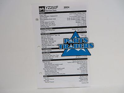 #ad Genuine Yamaha Quick Reference Service Manual Spec Data Sheet YZ250F 2004 $7.99