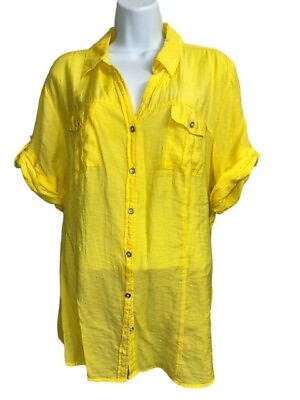 #ad Roz amp; Ali Top size 2X Yellow Rayon Nylon Crepe Fabric Short Sleeves Shirt Blouse $8.95