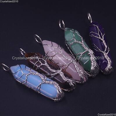 #ad Natural Gemstone Hexagonal LifeTree Wire Wrap Reiki Chakra Healing Pendant Beads $27.58