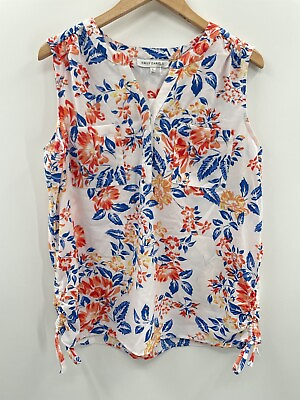 #ad Emily Daniels Womens Pebble Crepe Top White Multi Floral Print Y neck Sleeveless $17.75