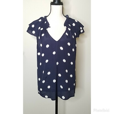 #ad A New Day Navy Blue White Dots V Neck Flutter Sleeve Shirt Blouse Top Large $10.00
