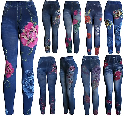 #ad High Waist Women#x27;s Denim Print Fake Faux Jeans Leggings Pants $9.95