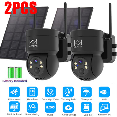 #ad 2X Solar Battery Powered Wirel WiFi Outdoor Pan Tilt Home Security Camera System $122.99