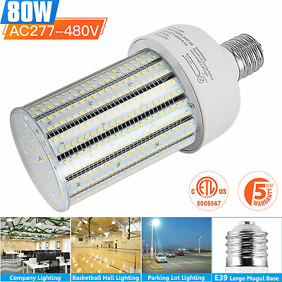 #ad 480V 80W LED Corn Light Bulb 6000K Parking Lot Warehouse High Bay Lamp E39 Large $63.30