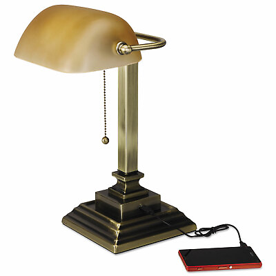#ad Alera Traditional Banker#x27;s Lamp w USB 16quot;High Amber Glass Shade w Antique Brass $60.20