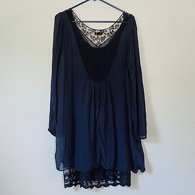 #ad Amanti Dress Womens Medium 100% Silk Blue Lace Boho Romance Made in Italy $24.90