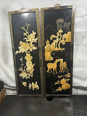 #ad Vtg 2 Chinoiserie style Asian Soapstone Wall Panels Blk Lacquer Mother of Pearl $179.50