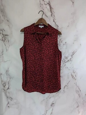 #ad Equipment Top Womens Large Blouse Red Floral Colleen Button Up Tank Sleeveless $103.43